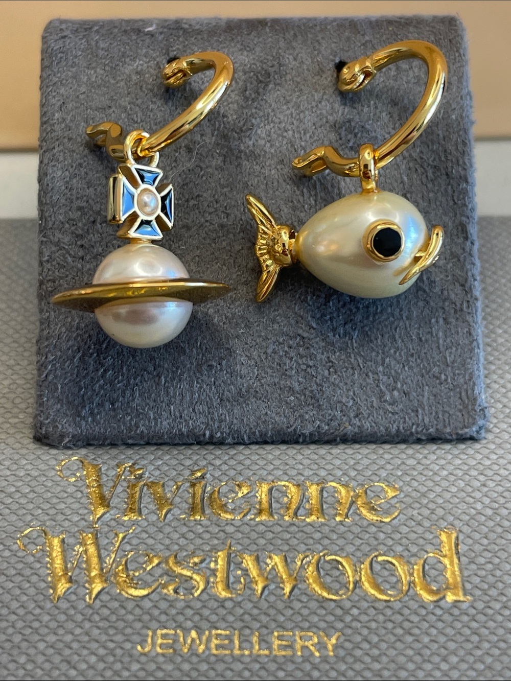 Vivienne Westwood Gold and Pearl Planet & Fish Charm Hoop Earrings